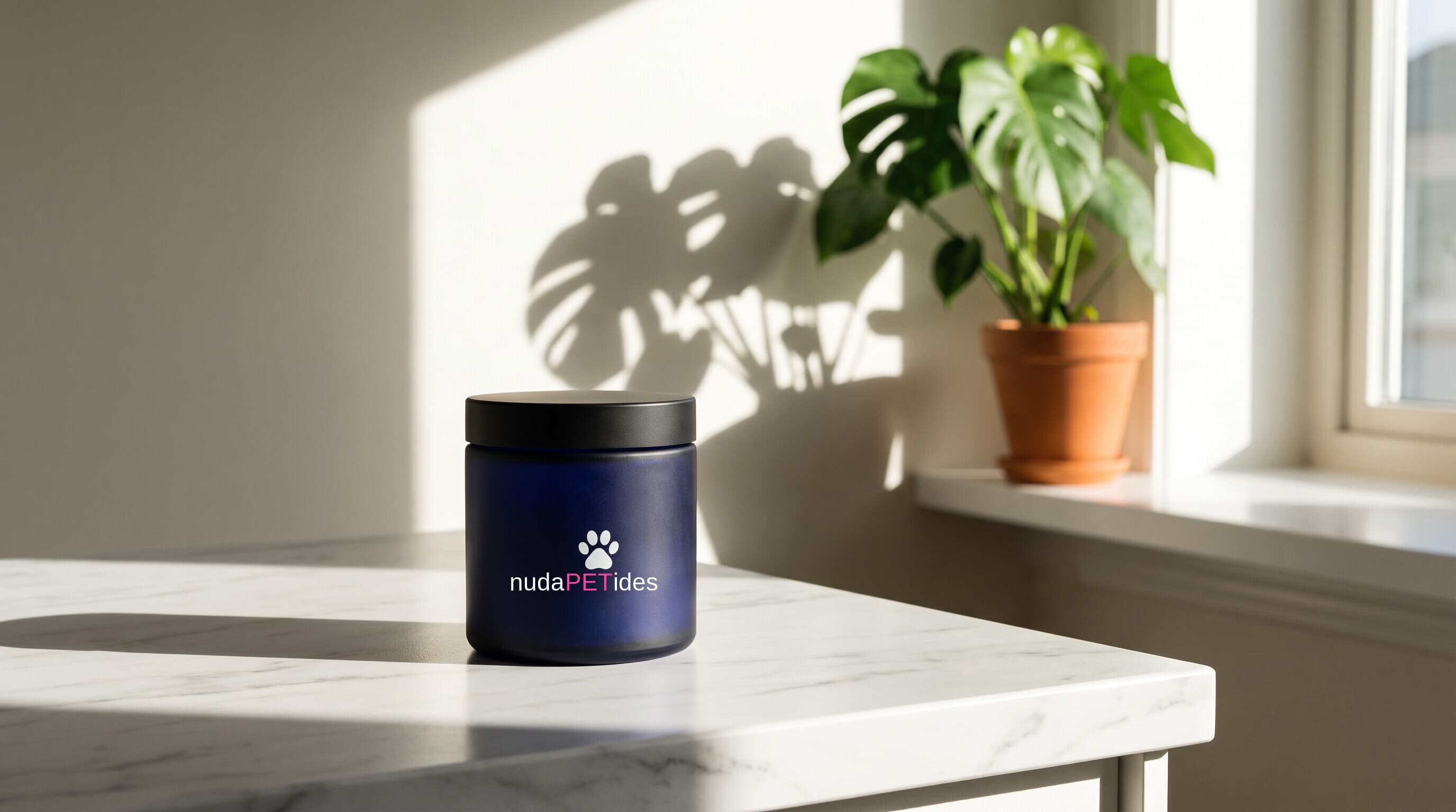 nudaPETides navy jar on a sunlit kitchen counter