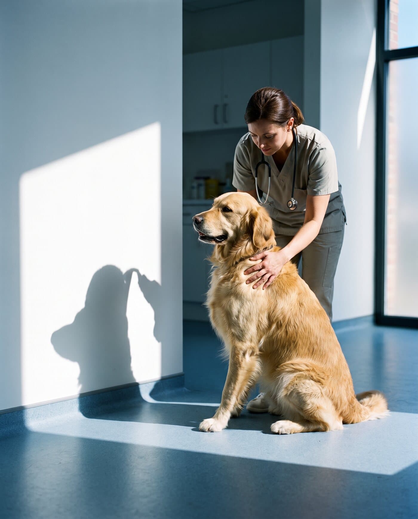 A veterinarian examining a healthy dog in a bright clinic.