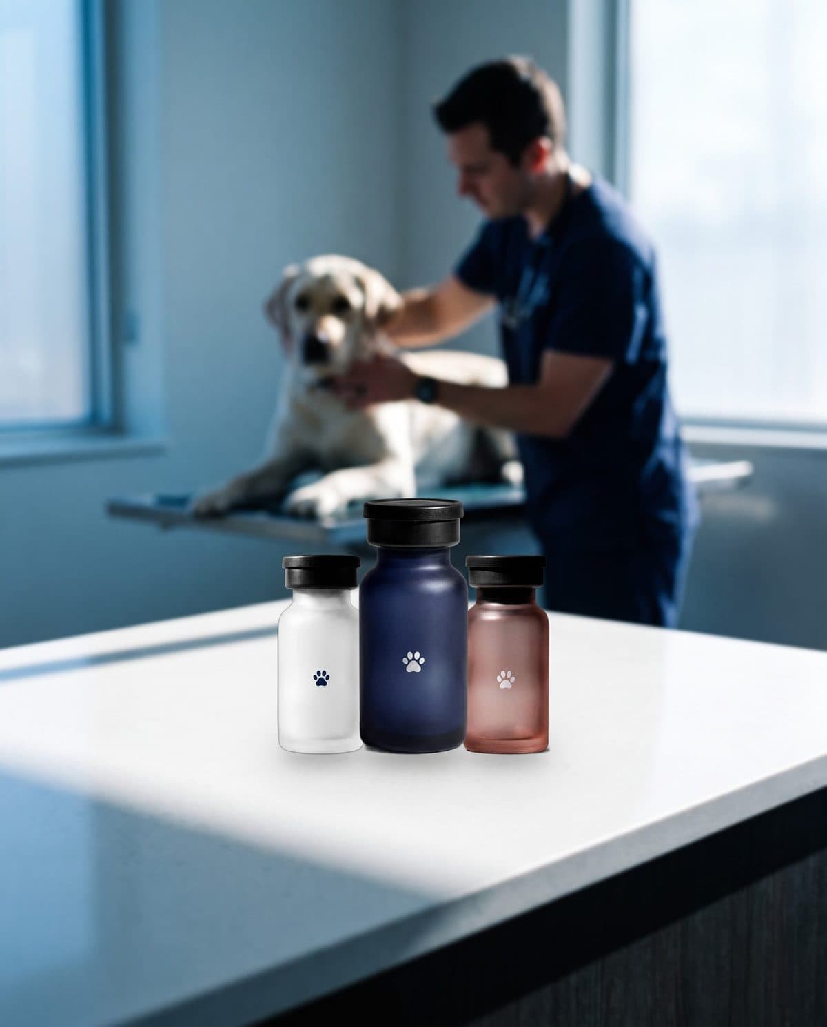 A veterinarian with a dog, prescription peptide vials on the counter